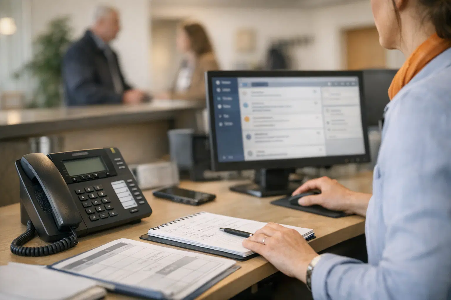 Service- und Kommunikationsplatz mit Telefon, Terminlogik und kanaluebergreifender Anfragebearbeitung im Unternehmensalltag.