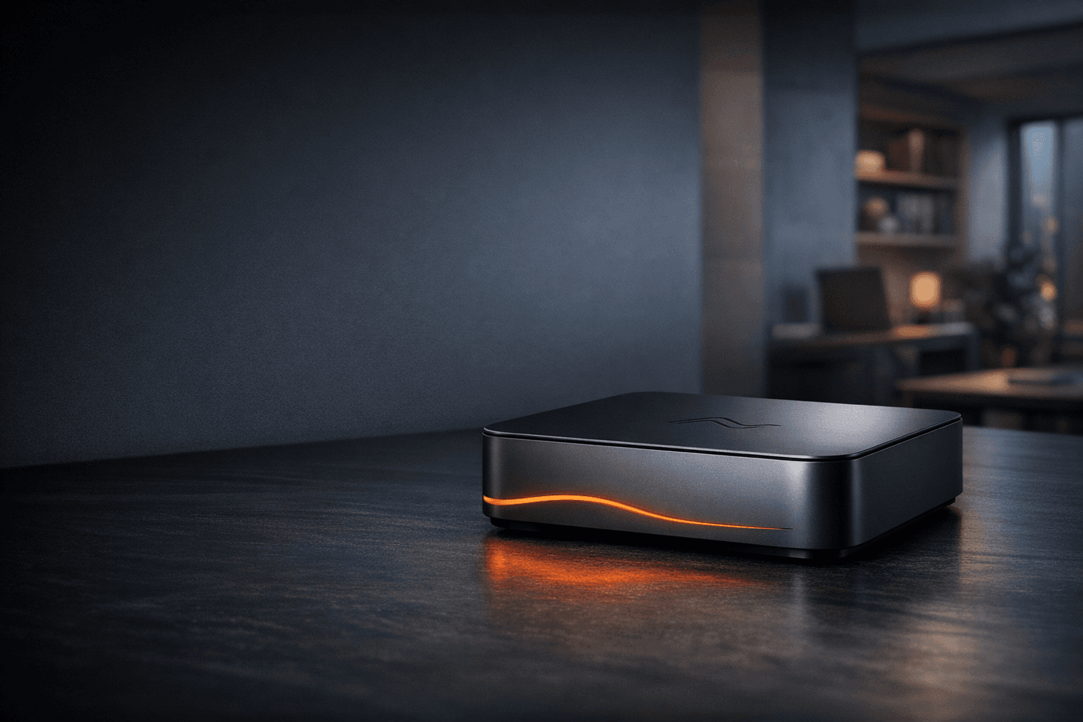 Brainwave AI Core als ruhige lokale KI-Infrastruktur mit dunkler Materialität und klarer Produktpräsenz.