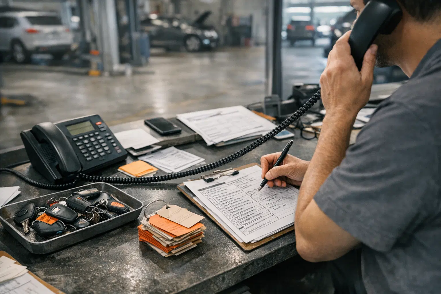 Service-Intake im Autohaus mit Telefon, Schluesseltray und Reparaturunterlagen direkt vor der Werkstatt.