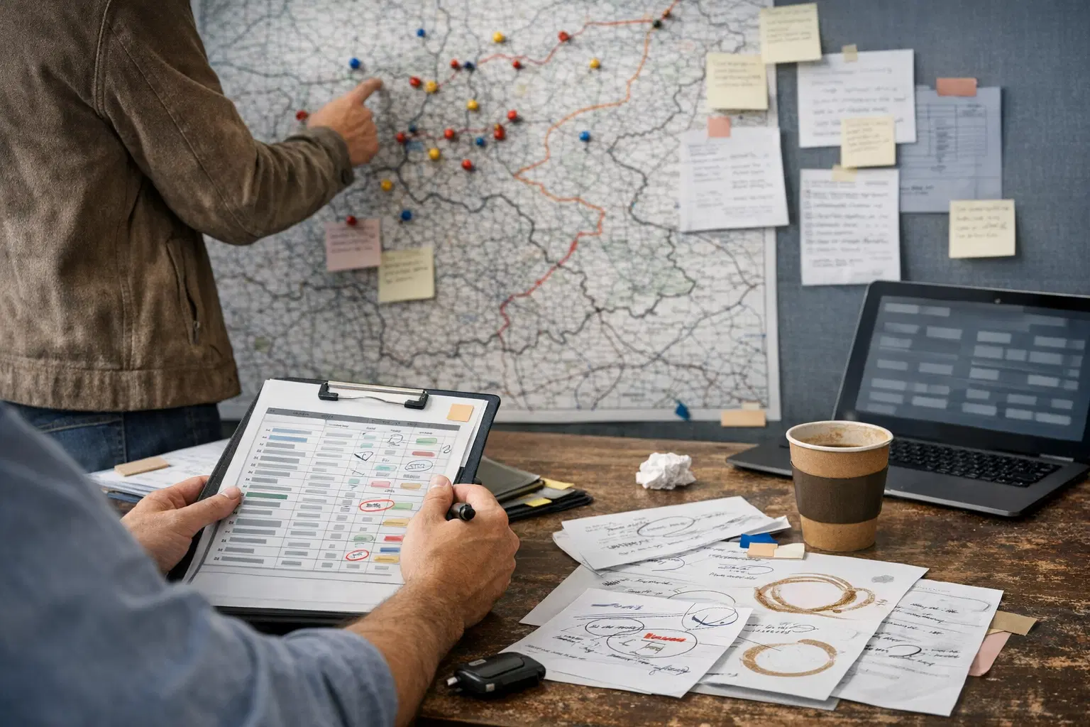 Vertriebspriorisierung mit Gebietsplan, markierten Lead-Unterlagen und handschriftlichen Notizen am Arbeitstisch.