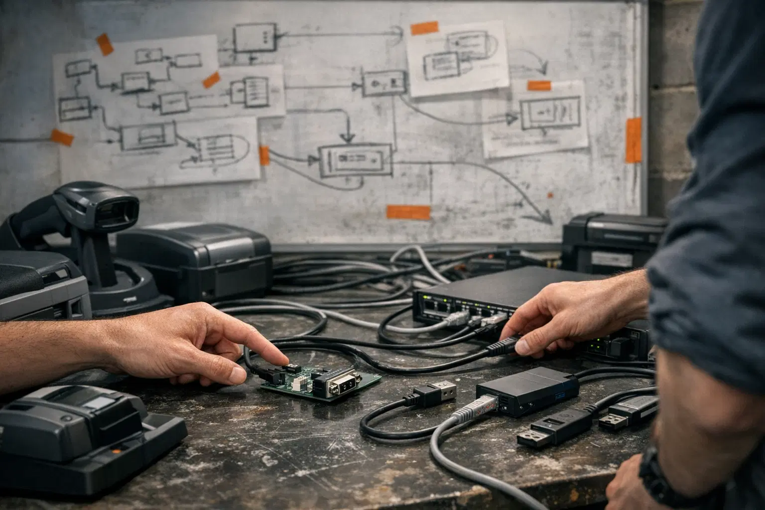 Integrationsarbeitsplatz mit Hardware, Kabeln und Architektur-Skizzen fuer eine reale Systemanbindung.