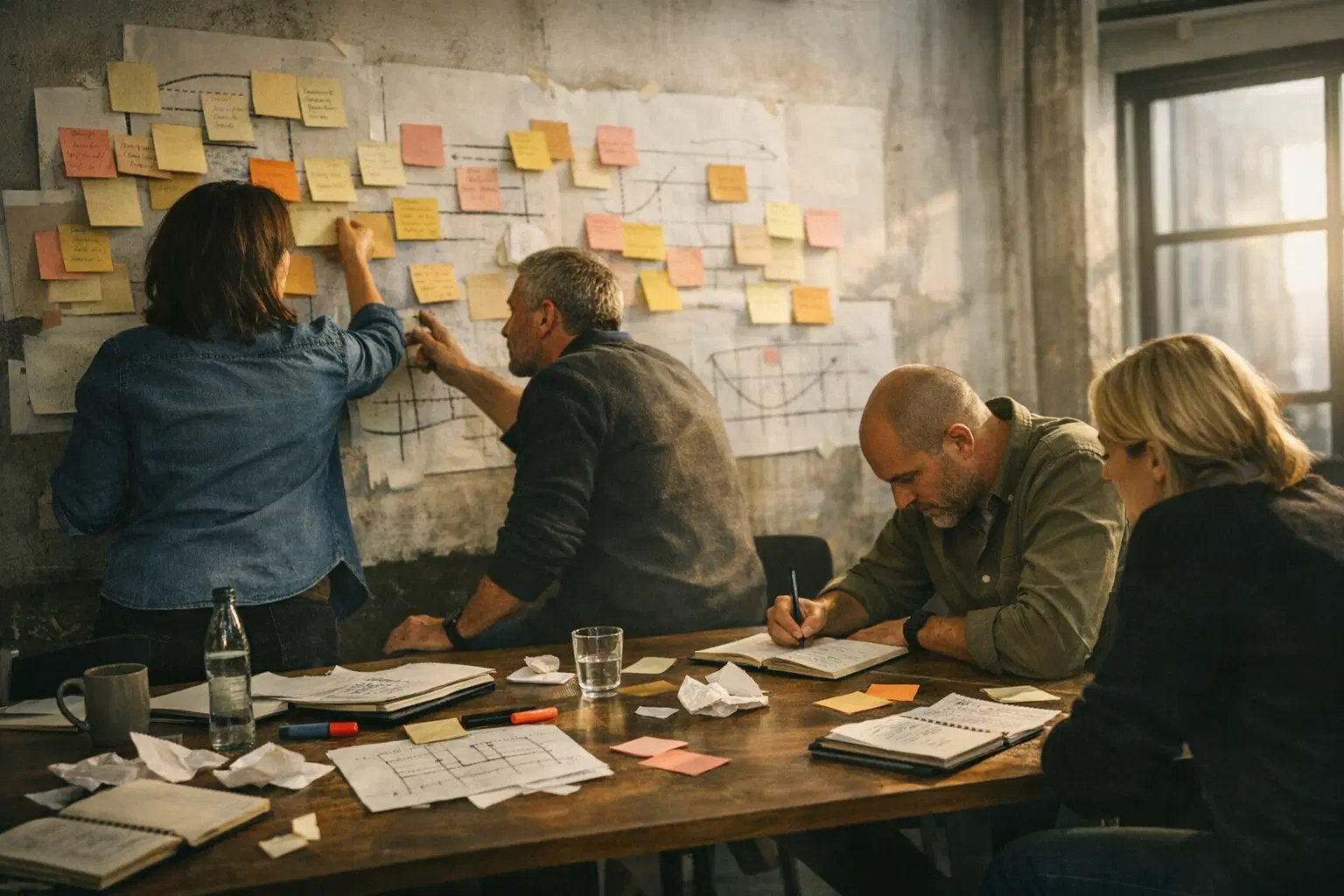 Workshop-Team ordnet Aufgaben und Entscheidungen an einer dicht belegten Prozesswand mit Notizen und Markern.