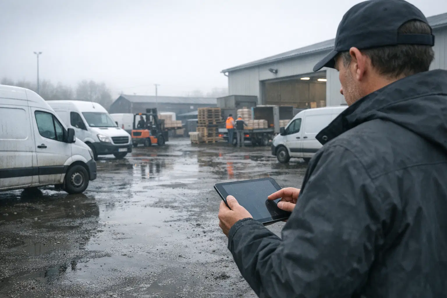 Betriebshof bei Regen mit Einsatzfahrzeugen und einem Fuhrparkverantwortlichen, der Ablaeufe per Tablet prueft.
