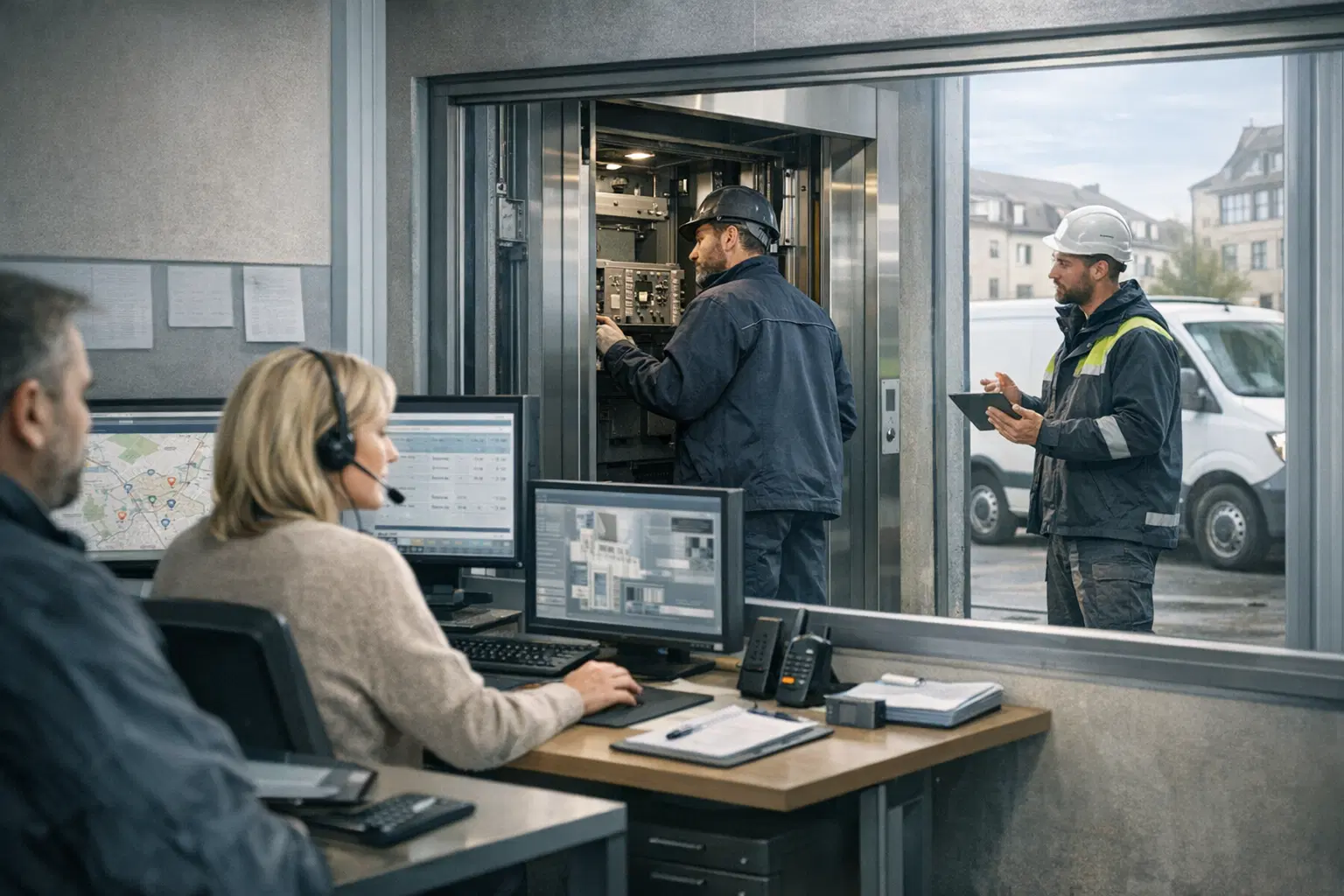 Aufzugsbau und technischer Service mit Einsatzkoordination, Rueckfragen und operativer Priorisierung.