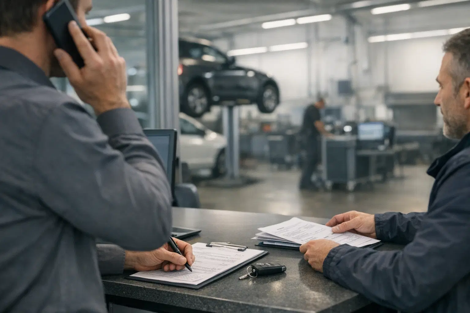 Autohaus-Serviceannahme mit Termin- und Kundenkontext als glaubwuerdiger Einstieg fuer KI-Use-Cases im Alltag.