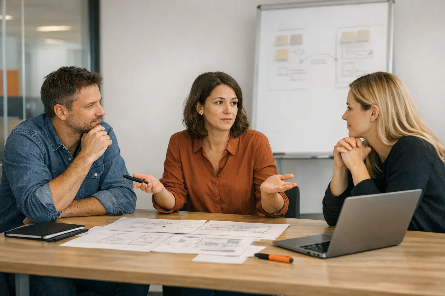 Entscheidungssituation eines mittelstaendischen Teams zwischen interner Umsetzung und externer KI-Beratung.