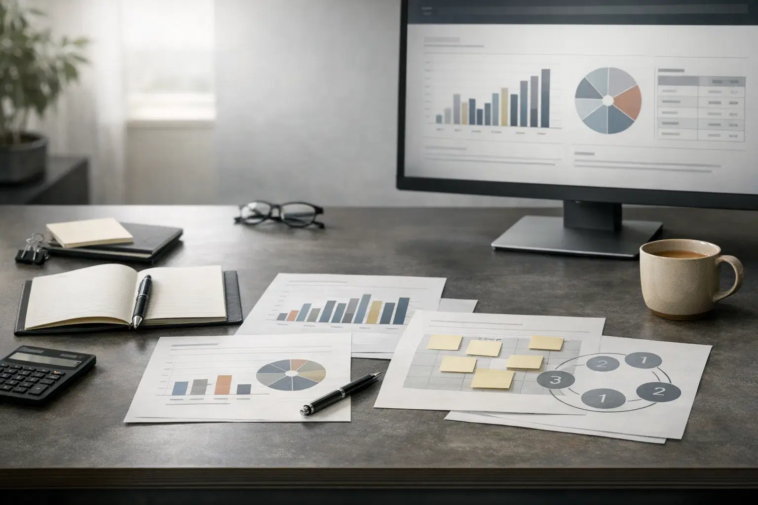 Ruhiger Arbeits- und Entscheidungsraum mit Dokumenten, Screen und operativer Klarheit fuer kaufnahe Insights.