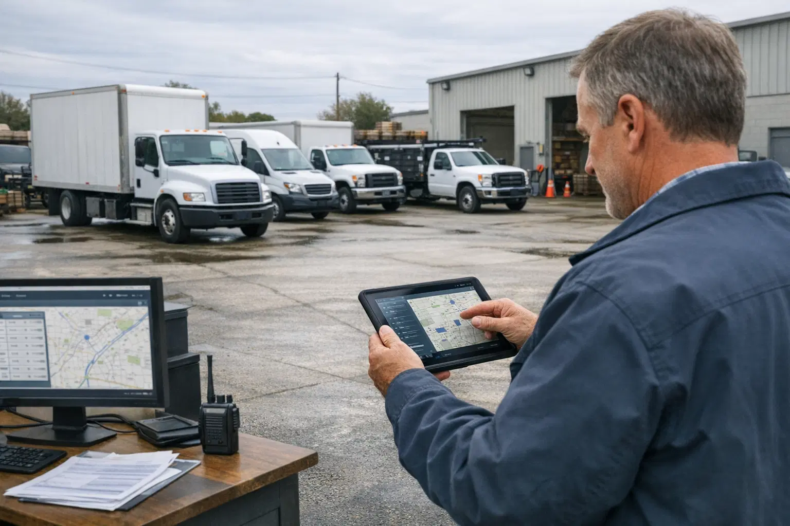 Fuhrpark- und Dispositionsumfeld mit Fahrzeugen, Betriebsuebersicht und realer Arbeitsnaehe statt abstrakter Logistiksymbolik.